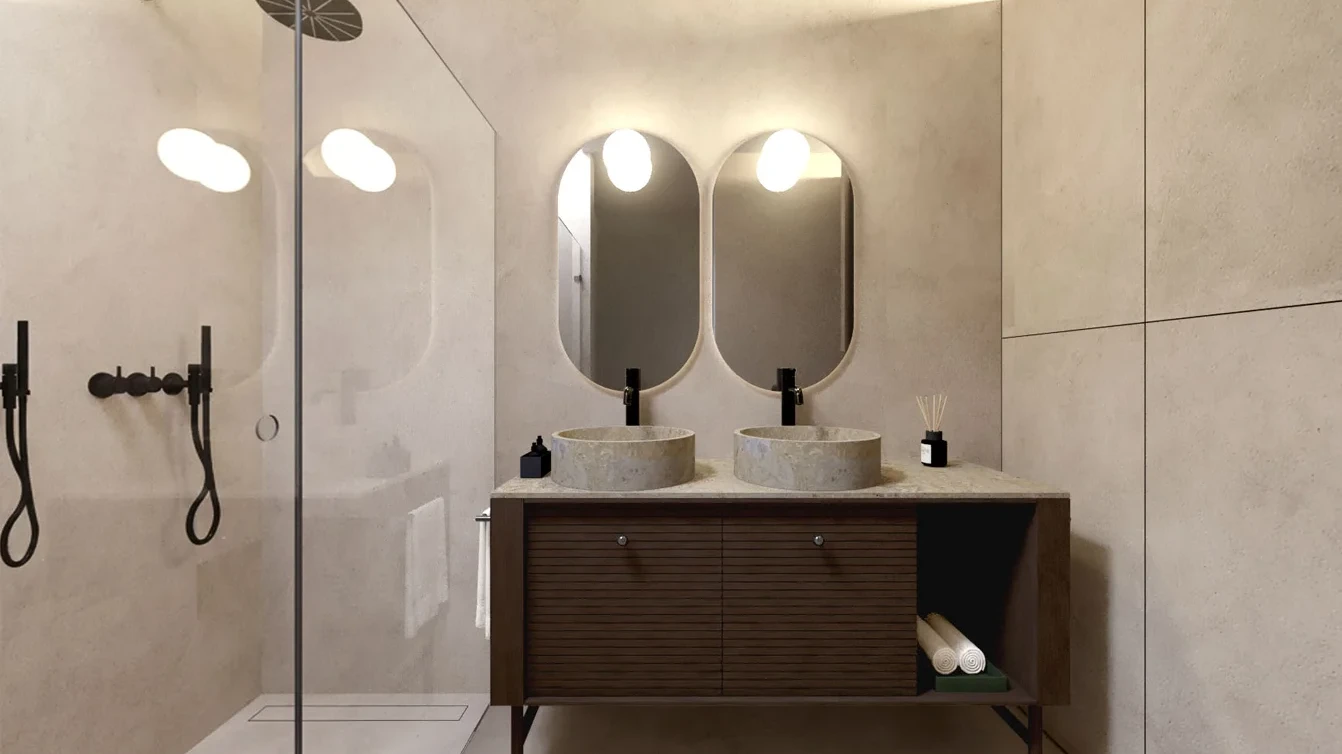Carvalhal Residences Barcelos — interior com cozinha, sala de jantar e jardim com piscina