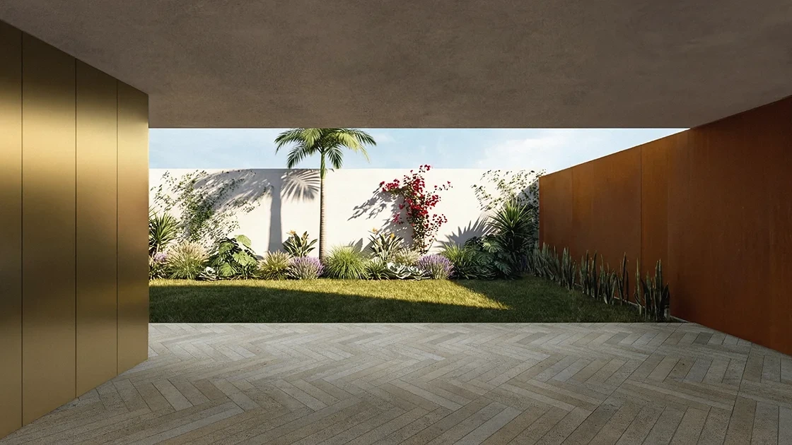 Carvalhal Residences - jardim interior privado com parede em aço corten, Barcelos